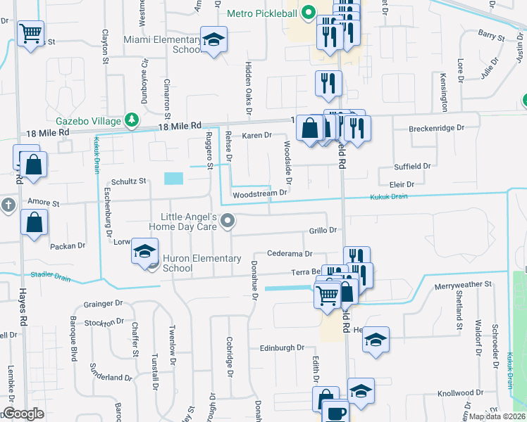 map of restaurants, bars, coffee shops, grocery stores, and more near 16415 Monticello Drive in Clinton Township