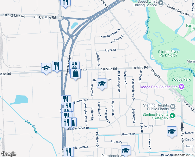 map of restaurants, bars, coffee shops, grocery stores, and more near 8455 Gettysburg Drive in Sterling Heights
