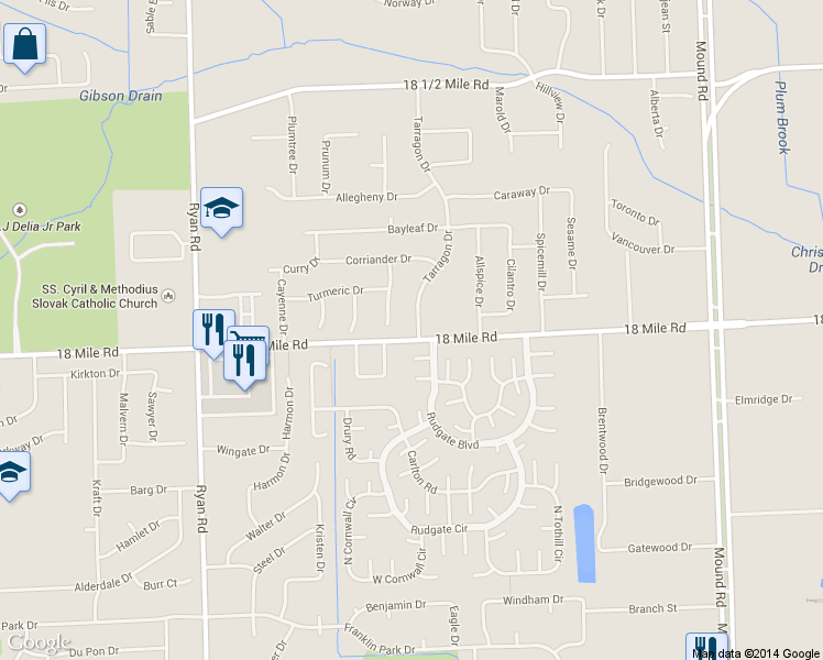 map of restaurants, bars, coffee shops, grocery stores, and more near 41015 Tarragon Drive in Sterling Heights