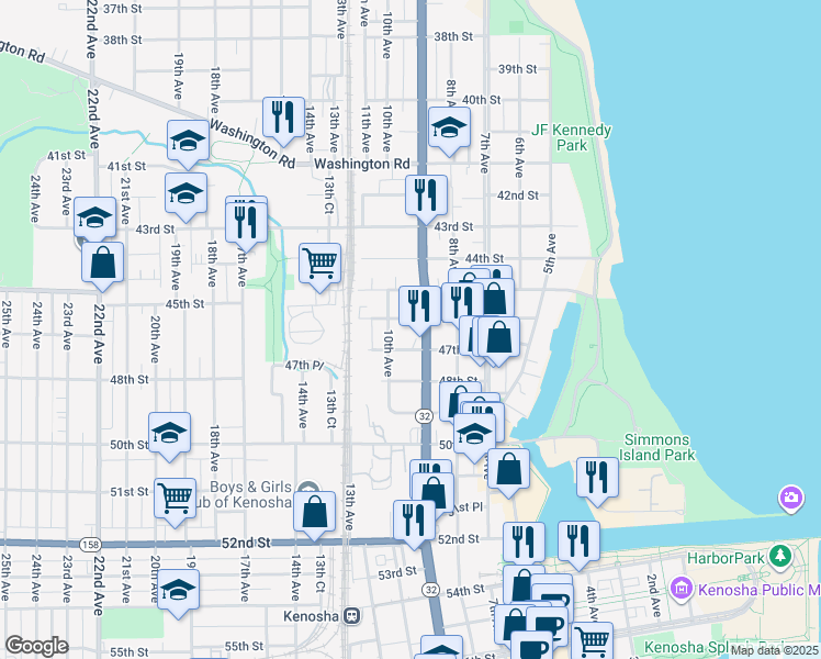 map of restaurants, bars, coffee shops, grocery stores, and more near 915 46th Street in Kenosha