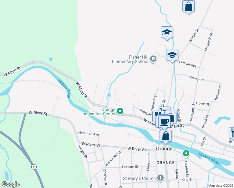 map of restaurants, bars, coffee shops, grocery stores, and more near 23 Cottage Street in Orange
