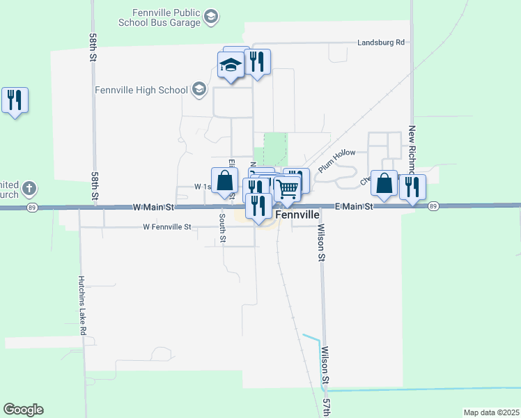 map of restaurants, bars, coffee shops, grocery stores, and more near 114 East Main Street in Fennville