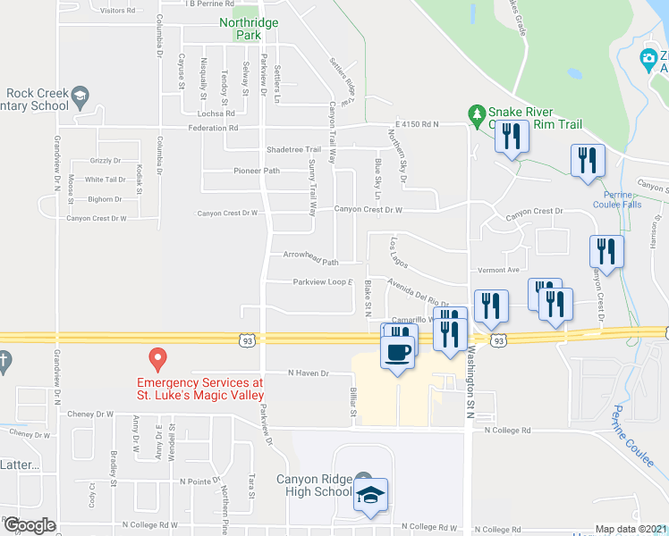 map of restaurants, bars, coffee shops, grocery stores, and more near 353 Arrowhead Path in Twin Falls