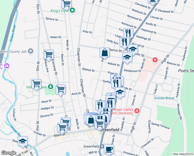 map of restaurants, bars, coffee shops, grocery stores, and more near 176-178 Davis Street in Greenfield