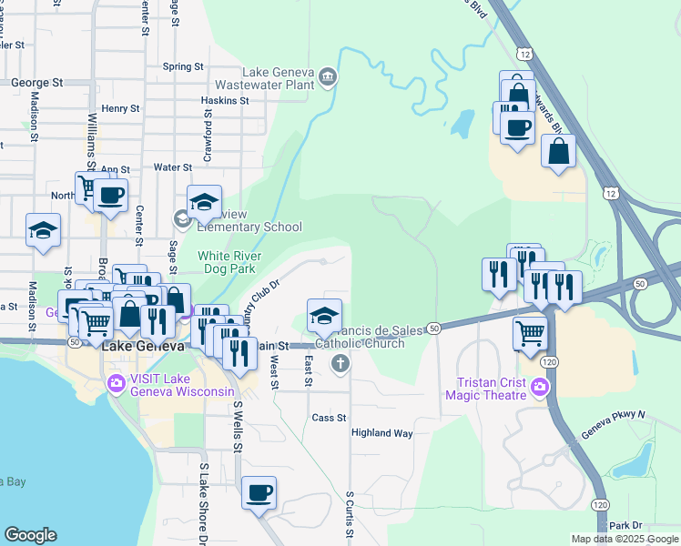 map of restaurants, bars, coffee shops, grocery stores, and more near 118 Evelyn Lane in Lake Geneva
