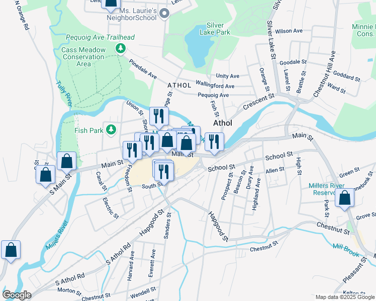 map of restaurants, bars, coffee shops, grocery stores, and more near 522 Main Street in Athol