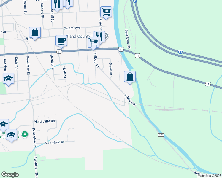 map of restaurants, bars, coffee shops, grocery stores, and more near 28 Kellogg Rd in Cortland