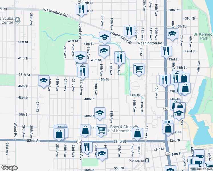 map of restaurants, bars, coffee shops, grocery stores, and more near 4521 19th Avenue in Kenosha