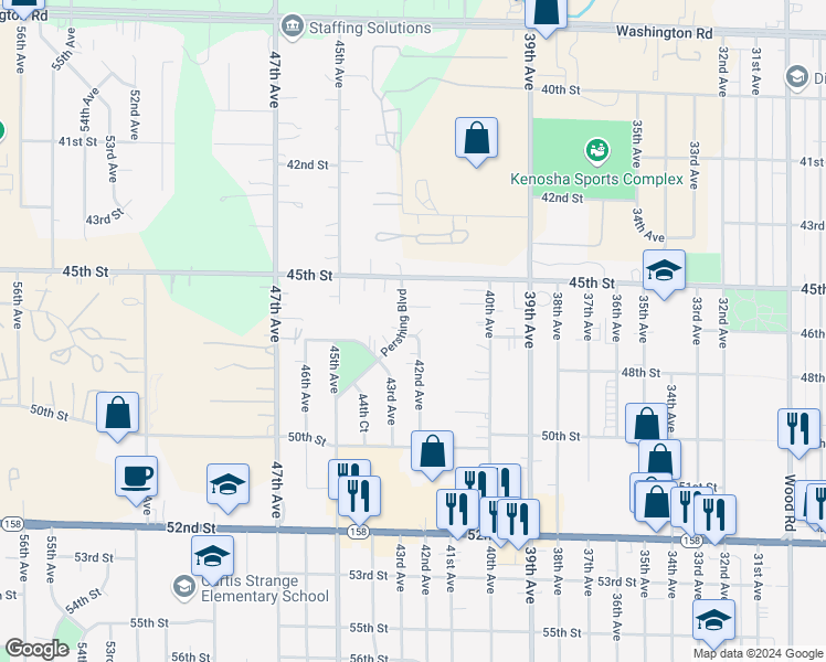 map of restaurants, bars, coffee shops, grocery stores, and more near 4710 Pershing Boulevard in Kenosha