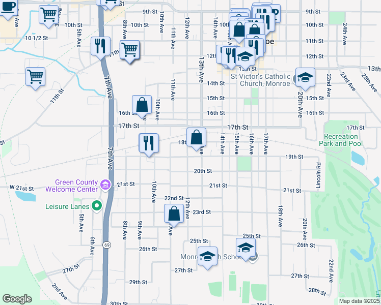 map of restaurants, bars, coffee shops, grocery stores, and more near 1203 19th Street in Monroe