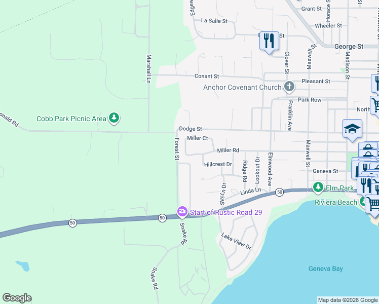map of restaurants, bars, coffee shops, grocery stores, and more near 1815 Miller Road in Lake Geneva