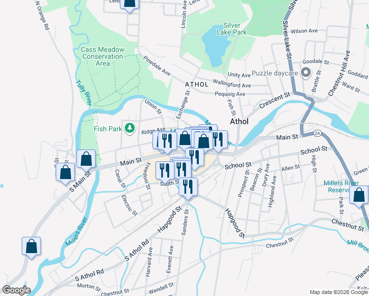 map of restaurants, bars, coffee shops, grocery stores, and more near 416 Main Street in Athol