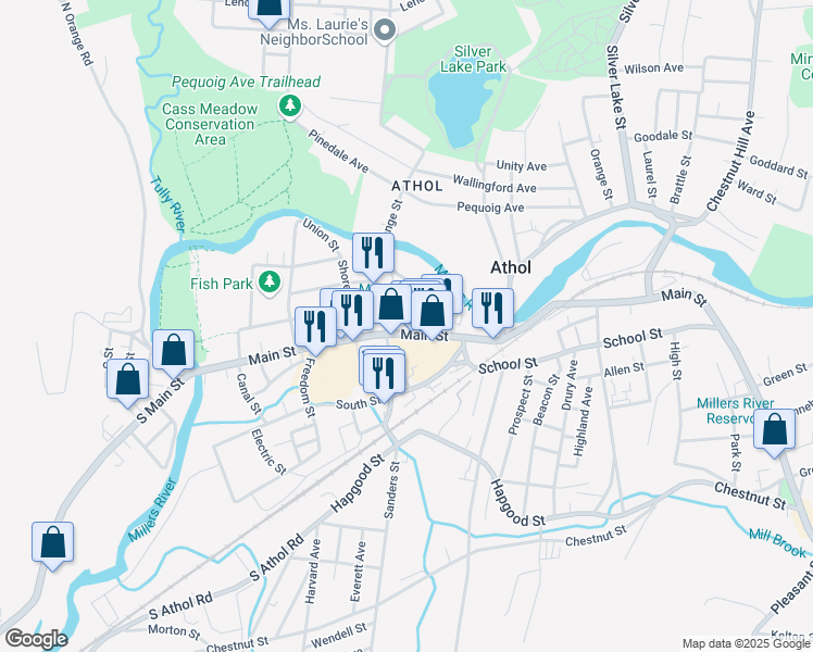 map of restaurants, bars, coffee shops, grocery stores, and more near 435 Main Street in Athol