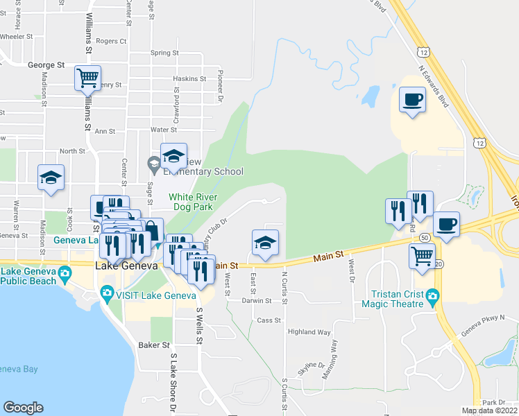 map of restaurants, bars, coffee shops, grocery stores, and more near 469 Country Club Drive in Lake Geneva
