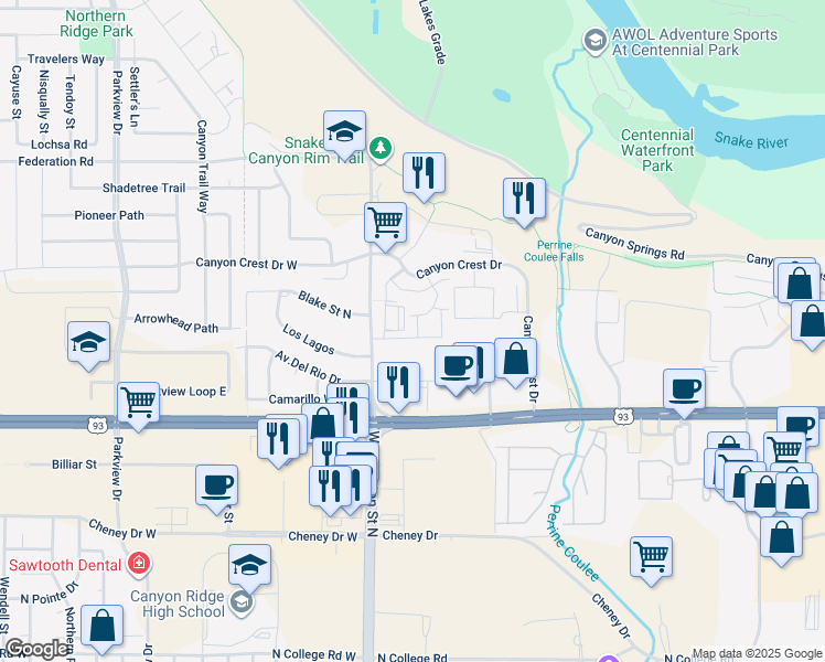 map of restaurants, bars, coffee shops, grocery stores, and more near 161 Vermont Avenue in Twin Falls