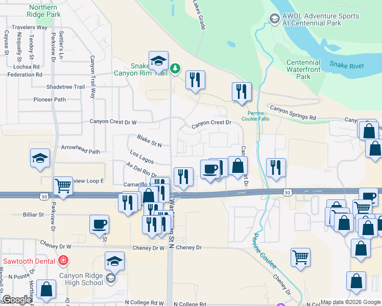 map of restaurants, bars, coffee shops, grocery stores, and more near 161 Vermont Avenue in Twin Falls
