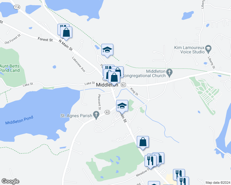 map of restaurants, bars, coffee shops, grocery stores, and more near 40 South Main Street in Middleton