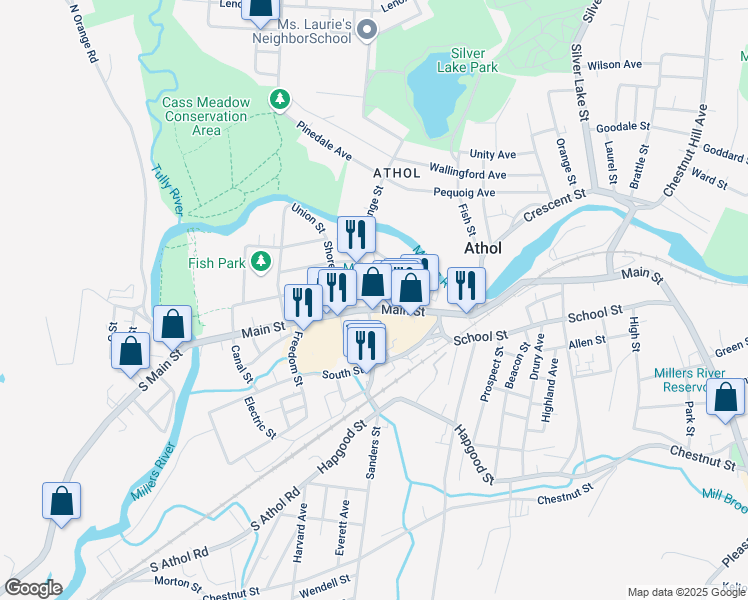 map of restaurants, bars, coffee shops, grocery stores, and more near 435 Main Street in Athol