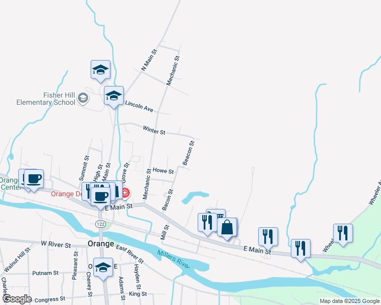 map of restaurants, bars, coffee shops, grocery stores, and more near 26 Beacon Street in Orange