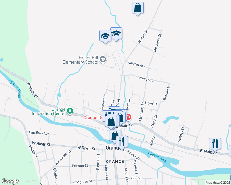 map of restaurants, bars, coffee shops, grocery stores, and more near 85 North Main Street in Orange