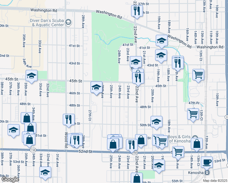 map of restaurants, bars, coffee shops, grocery stores, and more near 2406 46th Street in Kenosha