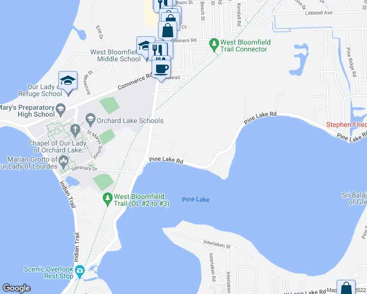 map of restaurants, bars, coffee shops, grocery stores, and more near 3170 Pine Lake Road in West Bloomfield Township