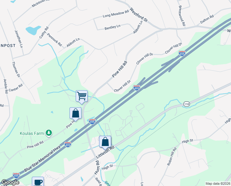 map of restaurants, bars, coffee shops, grocery stores, and more near 44 Clover Hill Drive in Chelmsford