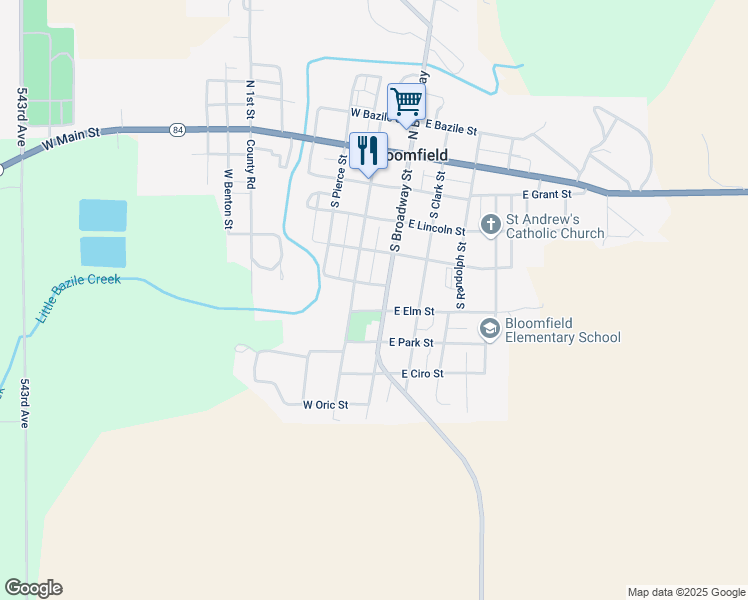 map of restaurants, bars, coffee shops, grocery stores, and more near 603 South Broadway Street in Bloomfield