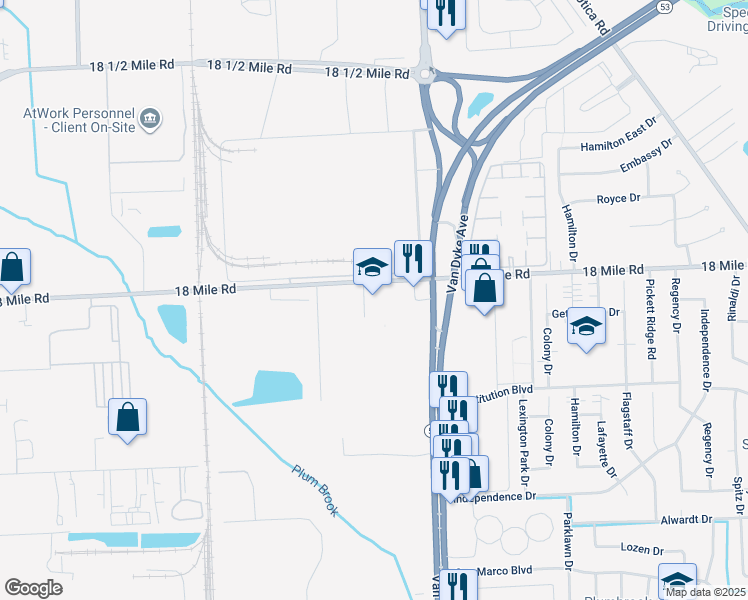 map of restaurants, bars, coffee shops, grocery stores, and more near 7600 18 Mile Road in Sterling Heights