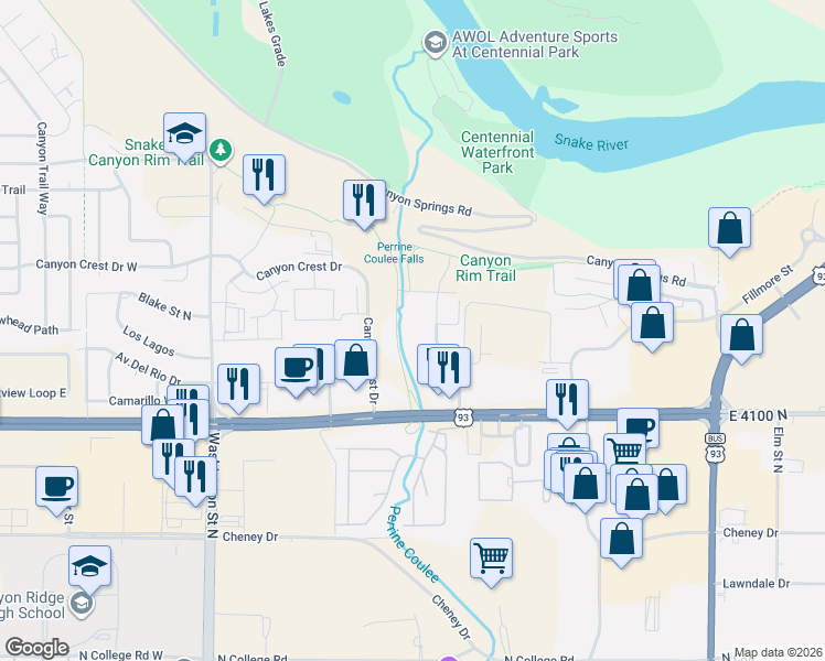 map of restaurants, bars, coffee shops, grocery stores, and more near 1835 Harrison Street North in Twin Falls
