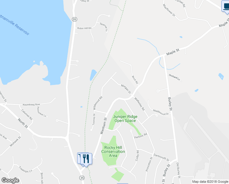 map of restaurants, bars, coffee shops, grocery stores, and more near 13 Wildwood Road in Danvers