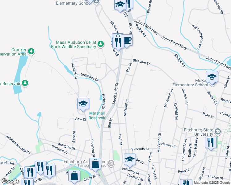 map of restaurants, bars, coffee shops, grocery stores, and more near 156 Mechanic Street in Fitchburg
