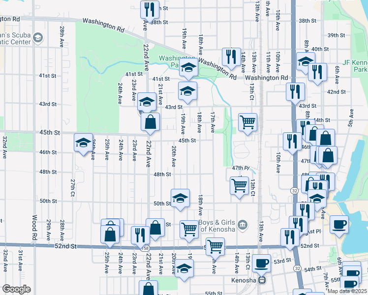 map of restaurants, bars, coffee shops, grocery stores, and more near 4512 19th Avenue in Kenosha