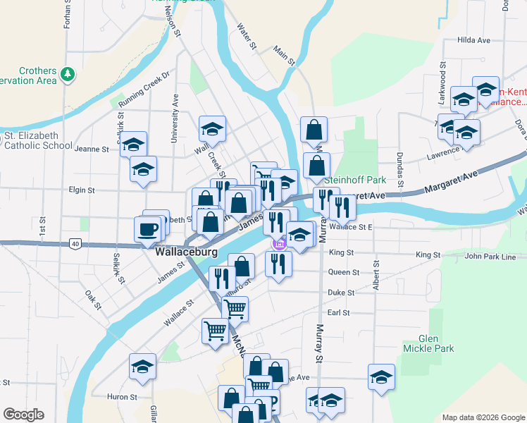 map of restaurants, bars, coffee shops, grocery stores, and more near 360 James Street in Wallaceburg