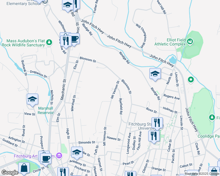 map of restaurants, bars, coffee shops, grocery stores, and more near 340 Mount Vernon Street in Fitchburg