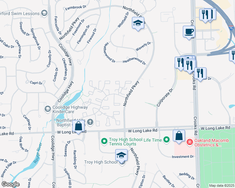 map of restaurants, bars, coffee shops, grocery stores, and more near 1573 Brentwood Drive in Troy