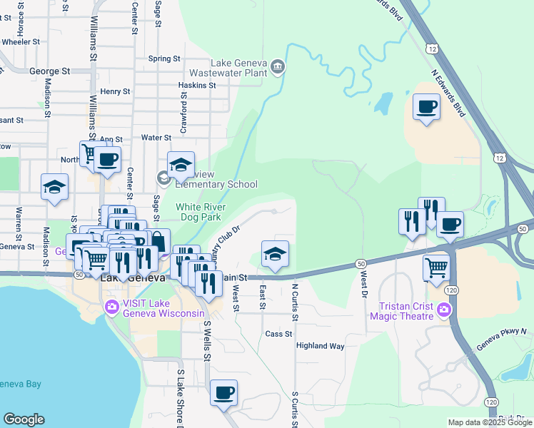 map of restaurants, bars, coffee shops, grocery stores, and more near 225 Country Club Drive in Lake Geneva