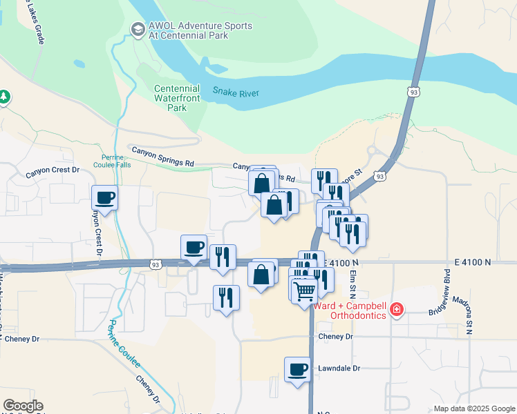 map of restaurants, bars, coffee shops, grocery stores, and more near 806 River View Drive in Twin Falls