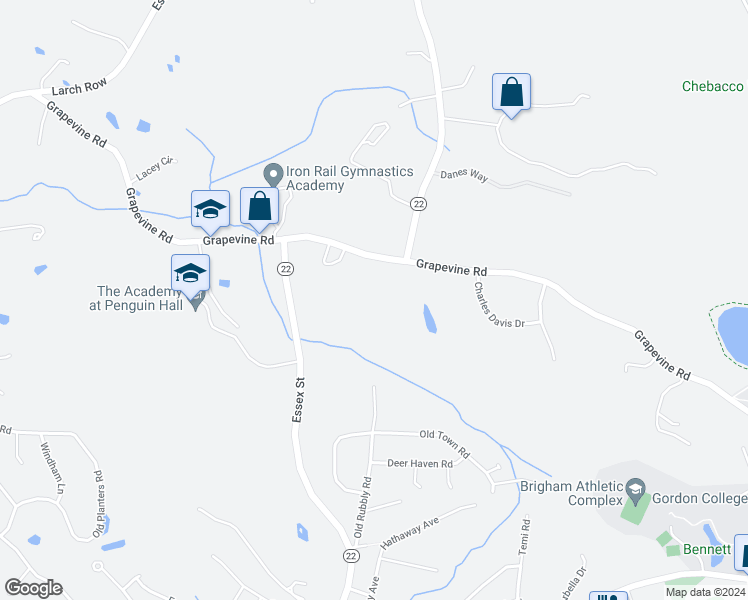 map of restaurants, bars, coffee shops, grocery stores, and more near 120 Grapevine Road in Wenham
