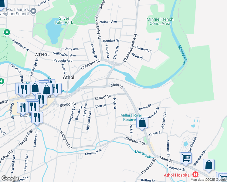 map of restaurants, bars, coffee shops, grocery stores, and more near 479 School Street in Athol