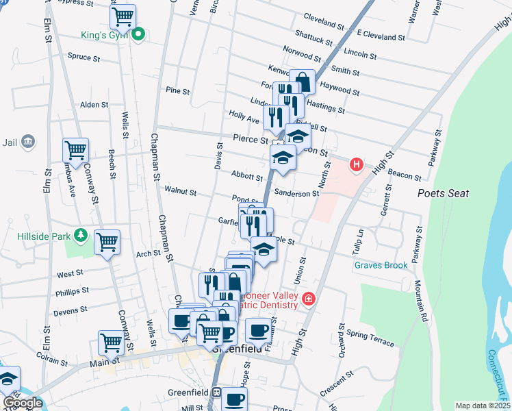 map of restaurants, bars, coffee shops, grocery stores, and more near 9 Garfield Street in Greenfield