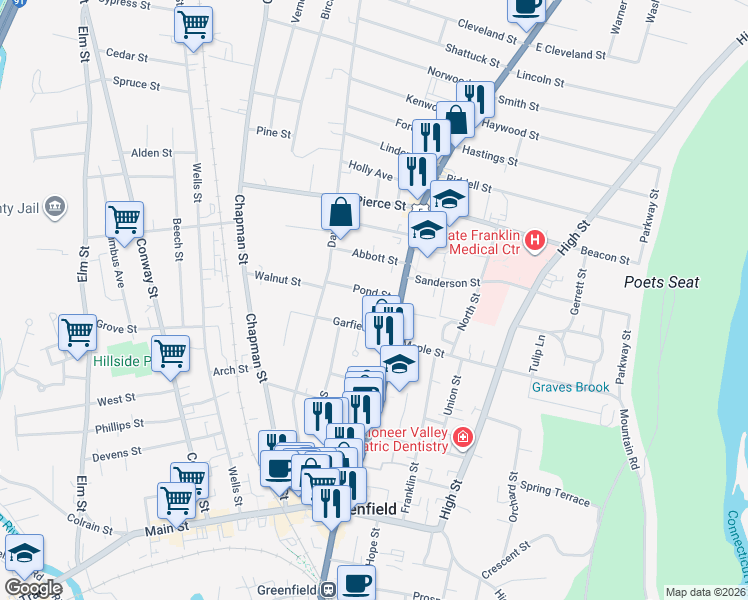 map of restaurants, bars, coffee shops, grocery stores, and more near 9 Garfield Street in Greenfield