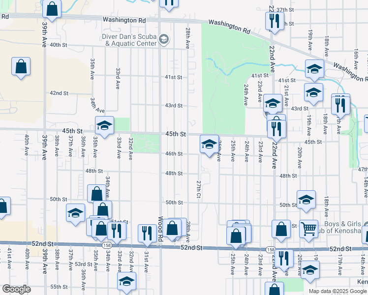 map of restaurants, bars, coffee shops, grocery stores, and more near 4603 28th Avenue in Kenosha