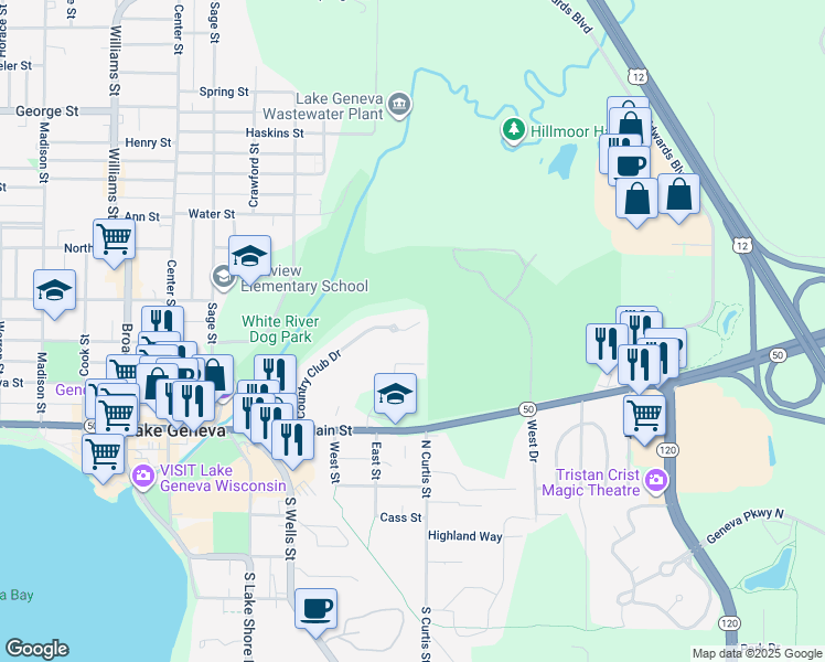 map of restaurants, bars, coffee shops, grocery stores, and more near 118 Evelyn Lane in Lake Geneva