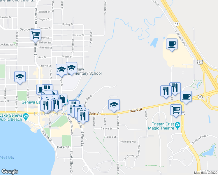 map of restaurants, bars, coffee shops, grocery stores, and more near 469 Country Club Drive in Lake Geneva