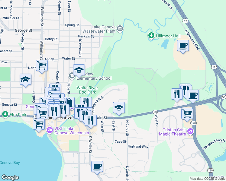 map of restaurants, bars, coffee shops, grocery stores, and more near 469 Country Club Drive in Lake Geneva