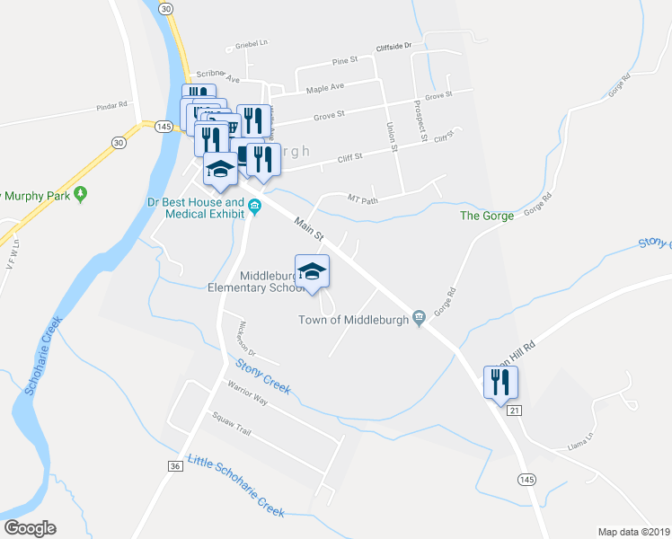 map of restaurants, bars, coffee shops, grocery stores, and more near 233 Main Street in Middleburgh