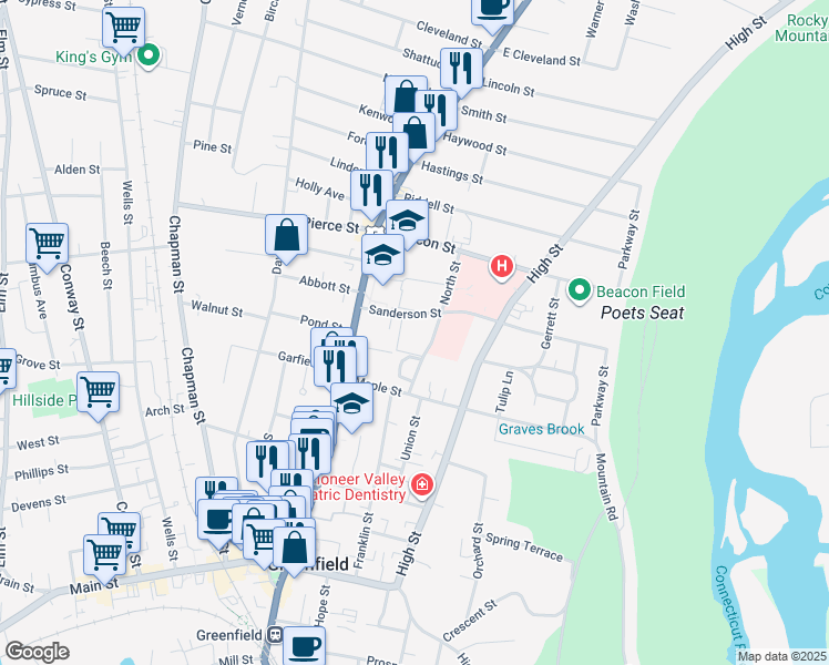 map of restaurants, bars, coffee shops, grocery stores, and more near 8 North Circle in Greenfield