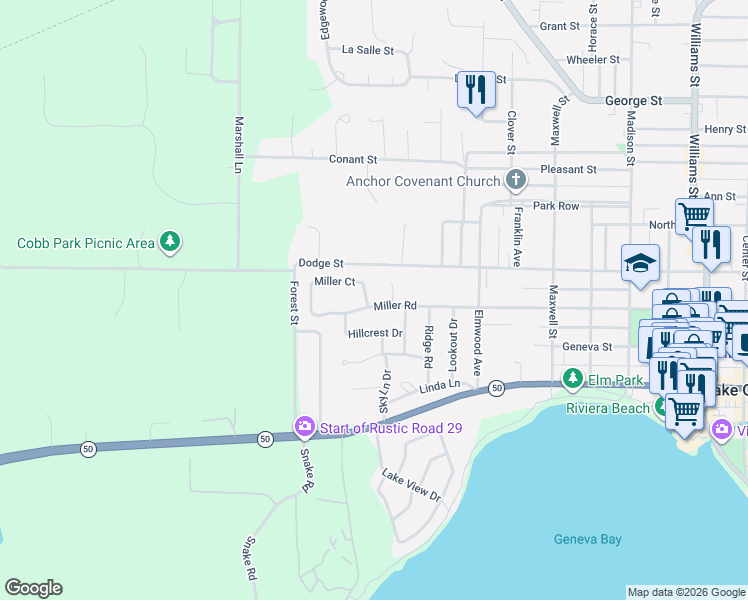 map of restaurants, bars, coffee shops, grocery stores, and more near 1618 Miller Road in Lake Geneva