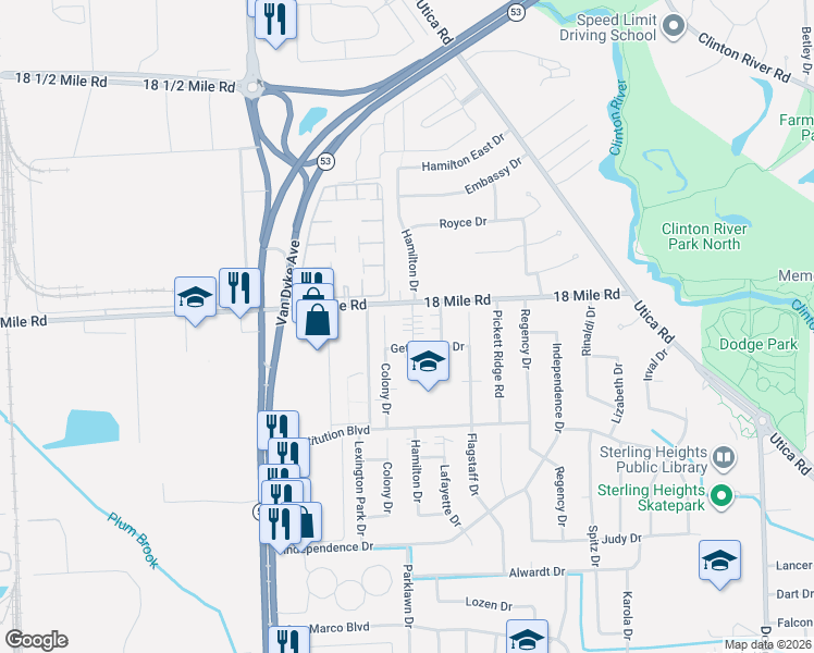 map of restaurants, bars, coffee shops, grocery stores, and more near 8455 Gettysburg Drive in Sterling Heights